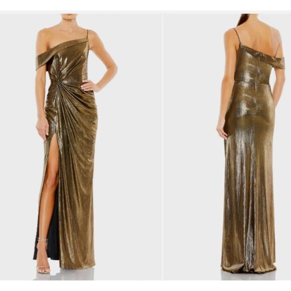 IEENA for Mac Duggal Gold Metallic One-Shoulder Gown style 26728 size 8 - Picture 1 of 17